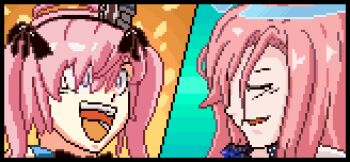 2girls azur_lane closed_eyes happy keke_luck lexington_(azur_lane) lexington_ii_(azur_lane) long_bangs medium_hair mega_man_(series) mega_man_x6 mega_man_x_(series) multiple_girls open_mouth parody pink_eyes pink_hair pixel_art revision saratoga_(azur_lane) scene_reference siblings sisters smile twintails upper_body