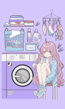 1girl absurdres ahoge blue_bra blue_shirt blue_shoes bottle box bra cellphone closed_mouth clothes_hanger clothes_pin commentary_request detergent expressionless full_body highres holding holding_phone laundry laundry_basket long_hair long_sleeves looking_at_viewer nozawa_(nooo1709) on_stool open_clothes open_shirt original phone pink_eyes pink_hair pink_socks plaid_clothes plaid_shirt purple_background shirt shoelaces shoes simple_background sitting smartphone socks solo stack stool stuffed_animal stuffed_toy teddy_bear underwear unworn_bra unworn_shirt unworn_socks washing_machine white_shirt white_socks