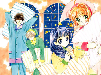 1990s_(style) 2boys 2girls absurdres ahoge blouse blue_hair blue_shirt blunt_bangs braid brown_hair cardcaptor_sakura child clamp collared_shirt daidouji_tomoyo green_shirt hair_over_shoulder highres indoors kinomoto_sakura kinomoto_touya long_hair multiple_boys multiple_girls pink_shirt retro_artstyle shirt short_hair single_braid sky standing star_(sky) starry_sky tsukishiro_yukito yellow_shirt