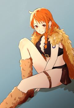 1girl belt blush braid breasts brown_eyes brown_loincloth capelet cleavage closed_mouth collarbone commentary crop_top earrings english_commentary foot_out_of_frame fur_capelet fur_leg_warmers gradient_background hair_behind_ear highres jewelry knee_up large_breasts leg_warmers loincloth long_hair looking_at_viewer midriff nami_(one_piece) nami_(one_piece)_(elbaf) official_alternate_costume official_alternate_hairstyle one_piece orange_hair pearl_earrings ree_(ree1010i) shoulder_tattoo single_braided_sidelock sitting smile solo tattoo thigh_strap thighs yellow_capelet