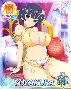 1girl arabian_clothes bikini blue_eyes blue_hair border bowl_cut bracelet breasts bug butterfly card_(medium) character_name flower game_cg gem gold_armband gold_bikini gold_choker groin hair_flower hair_ornament harem_outfit head_chain head_tilt insect jewelry large_breasts leaning_back light_blush looking_at_viewer navel official_art on_bed open_mouth pelvic_curtain pillow purple_gem senran_kagura senran_kagura_new_wave short_hair sitting skindentation smile solo swimsuit third-party_source yozakura_(senran_kagura)