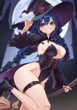 1girl absurdres alternate_costume belt black_capelet black_leotard black_shoes black_shrug blue_eyes blue_hair blurry blurry_background braid breasts broom capelet coattails collarbone covered_navel grin hair_between_eyes halloween halloween_costume hat hat_belt hat_tip highleg highleg_leotard highres holding holding_broom hololive hololive_english large_breasts leg_up leotard long_hair long_sleeves looking_at_viewer low_twin_braids ouro_kronii rainenleaf shoes shrug_(clothing) smile solo star_(symbol) strapless teeth thigh_belt thigh_strap thighs twin_braids virtual_youtuber witch witch_hat