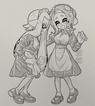 Rule 34 | 2girls, agent 3 (splatoon), agent 8 (splatoon), apron, ariamikukanzaki, blush, breasts, commentary, embarrassed, film grain, greyscale, hatching (texture), inkling, juliet sleeves, long sleeves, maid, maid headdress, medium breasts, monochrome, multiple girls, nintendo, octoling, pantyhose, pointy ears, puffy sleeves, shoes, small breasts, splatoon (series), splatoon 3, sweat, tentacle hair, underbust, waist apron, watermark