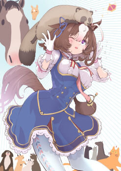 1girl ahoge animal animal_ears animal_on_head bag between_breasts bow breasts brown_hair cat commentary_request cowboy_shot crown dog ear_ribbon flying_sweatdrops gloves goat hair_between_eyes hairband hands_up highres horse horse_ears horse_girl horse_tail long_sleeves meisho_doto_(racehorse) meisho_doto_(turbulent_blue)_(umamusume) meisho_doto_(umamusume) mozu_(peth) multicolored_hair on_head one_eye_closed open_mouth pink_hairband purple_eyes raccoon shoulder_bag simple_background solo strap_between_breasts t.m._opera_o_(racehorse) tail two-tone_hair umamusume white_gloves white_hair