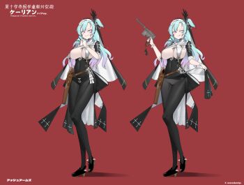 1girl absurdres aosora_kamiya ash_arms black_pantyhose blue_hair breast_curtains clothes_lift flakpanzer_v_coelian_(ash_arms) gun handgun high_heels highres holster licking_lips long_hair mauser_c96 multiple_views nun official_art panties pantyhose purple_eyes red_background side_ponytail side_slit skirt skirt_lift tongue tongue_out underwear veil weapon white_panties wrist_cuffs
