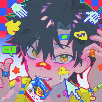 1boy aged_down bandaid bandaid_on_cheek bandaid_on_face bandaid_on_hand bandaid_on_nose black_hair blush bracelet cheng_xiaoshi colorful cursor fang food grin hair_between_eyes hands_up heart highres inplick jewelry looking_at_viewer male_focus mouth_hold open_mouth portrait ring rubber_duck shiguang_dailiren shirt short_hair smile solo speech_bubble star_(symbol) sticker sweat teeth teeth_hold yellow_eyes yellow_shirt