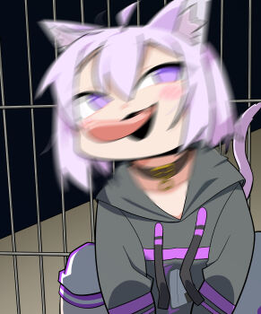 1girl :3 :d absurdres ahoge animal_ear_fluff animal_ears black_hoodie blurry cat_ears cat_girl cat_tail commentary_request hair_between_eyes highres hololive hood hoodie korean_commentary long_sleeves nekomata_okayu nekomata_okayu_(1st_costume) open_mouth purple_eyes purple_hair sitting smile tail tongue tongue_out virtual_youtuber yushin
