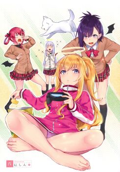 4girls absurdres artist_name bag_of_chips bare_legs barefoot blonde_hair breasts brown_cardigan buttons cardigan chips_(food) collared_shirt detached_wings dog feet food gabriel_dropout gabriel_tenma_white green_background gym_shirt hair_ribbon hair_rings halftone halftone_background hand_up hands_on_own_hips highres holding holding_food indian_style leaning_forward long_hair long_sleeves looking_at_animal looking_at_another multicolored_background multiple_girls nishimi_shin non-web_source open_mouth own_hands_together panties panty_peek plaid_clothes plaid_skirt playstation_controller ponytail potato_chips purple_hair purple_panties purple_shirt raphiel_shiraha_ainsworth red_hair red_skirt ribbon satanichia_kurumizawa_mcdowell school_uniform shirt short_hair sidelocks single_sidelock sitting skirt small_breasts sparkle standing sweater toes underwear vignette_tsukinose_april white_background white_cardigan wings yellow_background