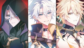 Rule 34 | 3boys, alternate form, armor, belt, black background, black belt, black bodysuit, black cape, black choker, blonde hair, blue eyes, blush, bodysuit, broken skin, cape, choker, closed mouth, collarbone, commentary, crossed bangs, empty eyes, eyes visible through hair, flame reaver of the deepest dark, gold trim, gradient background, grey hair, hair between eyes, halo, halo behind head, highres, honkai: star rail, honkai (series), hood, hooded cape, jacket, looking at viewer, male focus, multiple boys, multiple persona, official alternate costume, official alternate eye color, official alternate hair color, orange eyes, pale skin, papi sore, phainon (honkai: star rail), phainon (khaslana) (honkai: star rail), red background, short hair, shoulder armor, shoulder spikes, simple background, smile, spikes, symbol-only commentary, teeth, upper body, v-shaped eyebrows, white background, white jacket, yellow background, yellow pupils