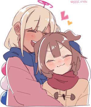 2girls :3 ^_^ alternate_costume animal_ears blonde_hair blush braid brown_hair casual closed_eyes dog_ears hair_ornament heart hetareeji hololive hololive_english hug inugami_korone jacket limiter_(tsukumo_sana) long_hair multiple_girls open_mouth planet_hair_ornament scarf single_braid smile tsukumo_sana twitter_username virtual_youtuber