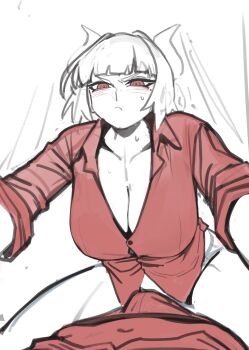 1boy 1girl absurdres annoyed blush bottomless breasts bulge demon demon_girl demon_horns demon_tail erection erection_under_clothes girl_on_top helltaker highres horns jdw large_breasts looking_at_viewer lucifer_(helltaker) mole mole_under_eye panties red_eyes sweat tail thighs underwear