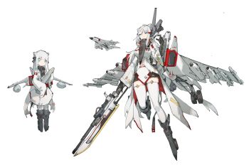absurdres animal_ears black_gloves blue_eyes breasts deformed frider glaive_(polearm) gloves highres holding holding_missile holding_polearm holding_weapon jh-7a landing_gear large_breasts leopard_ears mecha_musume missile original people's_liberation_army people's_liberation_army_air_force personification polearm tachi-e thighhighs vehicle_and_personification war_thunder weapon white_hair white_thighhighs
