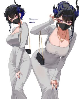 1girl black_hair black_horns black_mask blue_hair breasts cleavage covered_navel dongtan_dress dress fingernails grey_dress highres hololive hololive_english horns jewelry large_breasts long_sleeves looking_at_viewer mask mouth_mask multicolored_hair multiple_views nail_polish necklace nerissa_ravencroft oioi_ainomo pink_eyes purple_nails short_hair sidelocks standing two-tone_hair virtual_youtuber wallet
