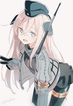 Rule 34 | 1girl, absurdres, commentary, cowboy shot, cropped jacket, diving suit, garrison cap, gloves, grey gloves, grey jacket, hat, highres, jacket, kantai collection, koshka pic, leaning forward, long hair, military uniform, open mouth, signature, simple background, solo, swimsuit, swimsuit under clothes, u-511 (kancolle), v, white background, white eyes, white hair