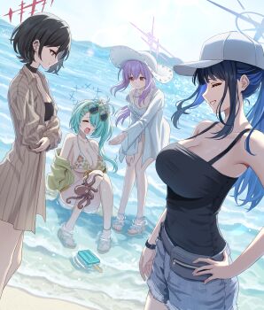 4girls absurdres aqua_hair arius_squad_(blue_archive) atsuko_(blue_archive) atsuko_(swimsuit)_(blue_archive) baseball_cap beach bikini black_bikini black_camisole black_hair blue_archive blue_hair blue_halo breasts brown_shirt camisole cleavage closed_eyes commentary_request denim denim_shorts flat_chest floral_print floral_print_bikini food grey_shorts hair_over_one_eye halo hat highres hiyori_(blue_archive) hiyori_(swimsuit)_(blue_archive) jacket knees_together_feet_apart large_breasts long_hair looking_at_another misaki_(blue_archive) misaki_(swimsuit)_(blue_archive) multiple_girls ocean official_alternate_costume open_clothes open_jacket outdoors pinstripe_pattern pinstripe_shirt popsicle print_bikini purple_hair purple_halo red_halo sandals saori_(blue_archive) saori_(swimsuit)_(blue_archive) shirt short_hair shorts simoumi_217 single_bare_shoulder single_off_shoulder sitting_on_water small_breasts smile squid standing sun_hat swimsuit white_bikini white_hat white_jacket