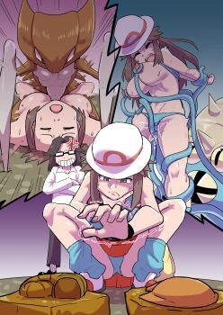 1girl anger_vein blue_shirt breasts brown_eyes brown_hair claws closed_mouth dome_fossil fangs gen_1_pokemon glasses hat helix_fossil highres kabutops leaf_(pokemon) long_hair medium_hair nintendo nipples omastar open_mouth pokemon pokemon_(creature) pokemon_frlg pokephilia porkpie_hat red_skirt shirt skirt sleeveless sleeveless_shirt standing super_nerd_(pokemon) tentacle_sex tentacles ukaya_masaru white_hat wristband yellow_bag
