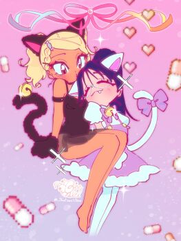 2girls animal_ears animal_hands black_dress black_hair blonde_hair bow braid braided_bangs cat_ears cat_tail commentary dark-skinned_female dark_skin dress english_commentary fang fang_out glasses gloves gyaruko_(vivinos) heart highres minako_(vivinos) multiple_girls paw_gloves pill pink_bitch_club pink_ribbon pixel_heart ribbon signature sitting tail tail_bow tail_ornament thatonelilbee twintails yellow_eyes