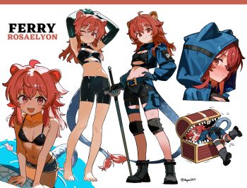 Rule 34 | 1girl, absurdres, ahoge, animal ear fluff, animal ear hood, animal ears, armpits, arms up, bike shorts, bikini, black bikini, black boots, black gloves, blue jacket, blush, boots, breasts, character name, cleavage, commentary, cowboy shot, cropped jacket, denim, denim shorts, elbow gloves, embarrassed, english commentary, fake animal ears, fang, frieren stuck in a mimic (meme), full body, gloves, hand on own hip, hepari, highres, holding, holding sword, holding weapon, hood, hood up, jacket, knee pads, long hair, meme, messy hair, midriff, mimic, mimic chest, multiple views, navel, nose blush, one eye closed, open clothes, open jacket, open mouth, original, partially submerged, portrait, red eyes, red hair, short shorts, shorts, simple background, small breasts, smile, solo, swimsuit, swimsuit under clothes, sword, tail, twitter username, water, weapon