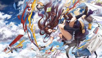 1girl aircraft airplane bag biplane bird black_gloves black_socks blue_sky book bottle brown_hair brush bucket cloud mp3_player drawing_equipment falling fingerless_gloves flying flying_paper gloves goggles headphones highres ipod ipod_nano ipod_nano_4g kneehighs knife long_hair neckerchief neko_(yanshoujie) open_mouth original paint paint_can paper paper_airplane school_uniform shirt short_hair short_sleeves shoulder_bag ski_goggles ski_mask skirt sky smile socks very_long_hair