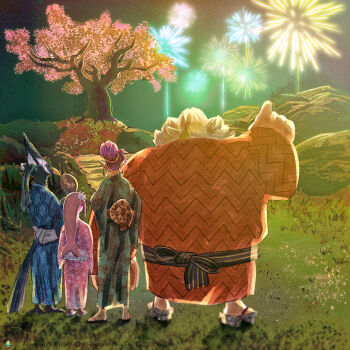Rule 34 | 2boys, 2girls, aerial fireworks, alternate costume, bird boy, blue kimono, cherry blossoms, daruk, fireworks, fish girl, from behind, fuyumaru mominoki, goron, green kimono, head tail, highres, japanese clothes, kimono, mipha, multiple boys, multiple girls, nintendo, orange kimono, outdoors, pink kimono, pointing, purple hair, revali, rito, standing, the legend of zelda, the legend of zelda: breath of the wild, urbosa, zora