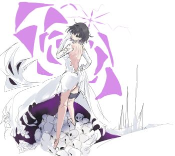 1girl @_@ absurdres alternate_costume backless_dress backless_outfit black_eyes black_hair blue_archive breasts candy_moon777 commentary covering_own_eyes dress elbow_gloves from_behind gloves hair_between_eyes halo hand_on_own_face highres looking_to_the_side medium_breasts purple_dress purple_halo short_hair skull solo standing subaru_(blue_archive) thigh_strap two-sided_dress two-sided_fabric unfinished white_background white_gloves