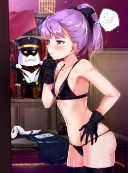 1girl absurdres automaton_(object) bad_id bad_twitter_id bare_shoulders bikini blush bow breasts colonel_olcott_(fate) fate/grand_order fate_(series) female_focus flat_chest garrison_cap gloves hair_bow hat helena_blavatsky_(fate) helena_blavatsky_(swimsuit_archer)_(third_ascension)_(fate) highres micro_bikini navel nishimi_shin ponytail purple_eyes purple_gloves purple_hair solo spoken_blush swimsuit thighhighs