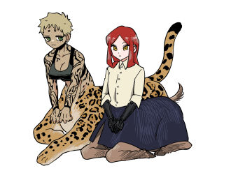 2girls amputee arm_tattoo blonde_hair centauroid commentary_request double_amputee freckles full_body goat_girl green_eyes highres hikagami_(june_lotus) jaguar_girl looking_at_viewer monster_girl multiple_girls original prosthesis prosthetic_arm red_hair shirt short_hair simple_background sitting skirt sports_bra tan tattoo taur very_short_hair white_background yellow_eyes