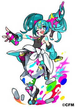 1girl absurdres aqua_eyes aqua_hair baggy_pants belt black_gloves black_shirt black_shoes detached_sleeves fingerless_gloves full_body gloves hair_ornament hatsune_miku highres holding holding_spray_can kurumitsu long_hair number_tattoo official_art one_eye_closed open_mouth paint paint_on_body paint_on_clothes paintbrush paintbrush_hair_ornament pants shirt shoes simple_background sleeveless smile solo sparkling_eyes spray_can spray_paint tattoo vocaloid white_background white_pants