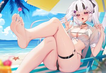 1girl barefoot beach beach_chair bikini black_bikini black_choker blue_sky blush breasts center-flap_bangs choker cleavage cloud collared_shirt commentary commission day demonhelios double-parted_bangs english_commentary feet fellatio_gesture food foot_out_of_frame hair_ornament hands_up highres holding holding_food holding_popsicle holding_with_feet horns indie_virtual_youtuber jewelry knee_up large_breasts long_hair looking_at_viewer micro_bikini necklace o-ring o-ring_thigh_strap ocean open_mouth outdoors partially_visible_vulva pink_eyes popsicle second-party_source shirt side-tie_bikini_bottom sitting sky soles solo starfish swimsuit thigh_strap tied_shirt toes tongue tongue_out twintails virtual_youtuber wet wet_clothes wet_shirt white_hair white_shirt x_hair_ornament yngjiq490029454
