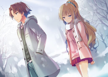 1boy 1girl arm_behind_back ayanokouji_kiyotaka blue_eyes blue_pants blue_scrunchie brown_hair character_name coat day grey_coat hair_ornament hair_scrunchie hand_in_pocket high_ponytail hood hooded_coat karuizawa_kei long_hair looking_down miniskirt novel_illustration official_art outdoors pants pink_shirt pleated_skirt ponytail red_skirt scarf scrunchie shirt short_hair skirt snowing standing sweater textless_version tomose_shunsaku tree very_long_hair white_scarf youkoso_jitsuryoku_shijou_shugi_no_kyoushitsu_e