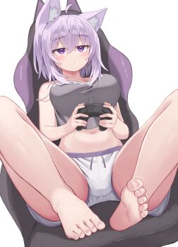 1girl absurdres ahoge animal_ear_fluff animal_ears barefoot breasts camisole cat_ears cat_girl chair commentary_request controller crop_top crossed_bangs double-parted_bangs feet game_controller gaming_chair grey_camisole hair_between_eyes highres holding holding_controller holding_game_controller hololive kajitsu_no_hito knees_out_of_frame large_breasts midriff navel nekomata_okayu nekomata_okayu_(membership) official_alternate_costume purple_eyes purple_hair short_hair short_shorts shorts simple_background sitting soles solo strap_slip swivel_chair toes virtual_youtuber white_background white_shorts