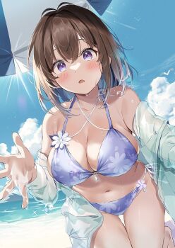 1girl aqua_jacket beach beach_umbrella bikini blue_sky blush breasts brown_hair cleavage cloud collarbone commentary_request day floral_print gradient_hair hair_between_eyes hawawa-chan_(sirokuma_shake) jacket large_breasts long_sleeves looking_at_viewer mountainous_horizon multicolored_hair navel ocean open_mouth original outdoors print_bikini purple_bikini purple_eyes purple_hair see-through_clothes see-through_jacket sirokuma_shake sky solo sun sweat swimsuit two-tone_hair umbrella