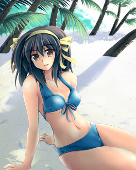 00s 1girl ayastyle beach bikini brown_hair day female_focus fuyuwa_kotatsu hirano_aya meme photo-referenced real_life real_life_insert solo suzumiya_haruhi suzumiya_haruhi_no_yuuutsu swimsuit voice_actor_connection wardrobe_error