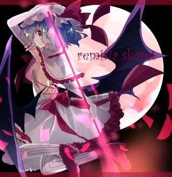 1girl back_bow backless_dress backless_outfit black_background blue_hair bow breasts closed_mouth commentary_request demon_wings dress elbow_gloves full_body full_moon gloves hat hat_bow jumping looking_at_viewer looking_back mob_cap moon pantyhose petals pink_moon purple_wings red_bow red_shoes remilia_scarlet shinjitsu_no_kuchi shoes short_hair small_breasts smile solo spear_the_gungnir striped_clothes striped_pantyhose touhou vertical-striped_clothes vertical-striped_pantyhose white_dress white_gloves white_pantyhose wings yellow_eyes
