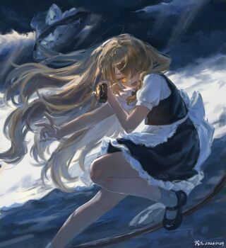 1girl apron artist_name black_bow black_shoes blonde_hair bow braid broom broom_riding chinese_commentary commentary_request dated dress fighting_stance floating_hair floating_hat foot_out_of_frame grey_socks hair_bow hair_over_one_eye hat highres kirisame_marisa long_hair looking_at_viewer mary_janes mini-hakkero no_headwear one_eye_covered open_mouth outdoors puffy_short_sleeves puffy_sleeves shijiu_(shizuoxing) shoes short_sleeves single_braid socks solo touhou unworn_hat unworn_headwear very_long_hair waist_apron white_apron yellow_eyes