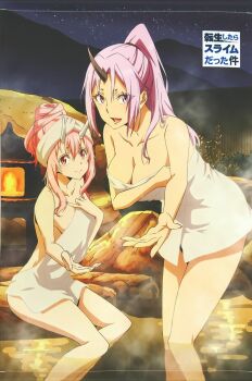 2girls black_horns blonde_hair breasts brown_hair hair_ornament highres horns large_breasts long_hair looking_at_viewer multiple_girls non-web_source nude oni onsen open_mouth pink_eyes pink_hair purple_eyes purple_hair shion_(tensura) short_hair shuna_(tensura) single_horn smile tensei_shitara_slime_datta_ken towel towel_on_head white_horns