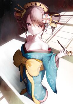 1girl absurdres blue_kimono bow breasts cleavage flower full_body hair_flower hair_ornament hair_stick highres holding holding_smoking_pipe indoors japanese_clothes kasane_teto ketyara kimono looking_at_viewer obi off_shoulder sash shadow sidelighting smoking_pipe solo standing utau yellow_bow yoshiwara_lament_(utau)