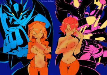 1boy 3girls absurdres armor artist_name blue_background breasts clenched_hands closed_eyes commission digimon digimon_(creature) digimon_story:_cyber_sleuth digimon_world_re:digitize dragon glasses highres hood hood_up hooded_jacket jacket limited_palette mastemon medium_breasts medium_hair mikagura_mirei multiple_girls navel no_shirt shinomiya_rina simple_background supermondobeat topless_female ulforcev-dramon