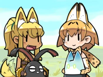 2girls animal animal_ears animal_print bandeau bare_shoulders blonde_hair blue_sky blush bow bowtie bracelet breasts brown_bandeau cat_ears cleavage closed_mouth creature crossover dark-skinned_female dark_skin elbow_gloves fang field fingerless_gloves gloves grass holding holding_animal holding_creature jewelry kemono_friends liru long_hair looking_at_another lucky_beast_(kemono_friends) medium_breasts moyasiwhite multiple_girls open_mouth orange_hair outdoors ponytail rabbit renkin_san-kyuu_magical_pokaan serval_(kemono_friends) short_hair sidelocks sky smile spiked_bracelet spikes tail tail_raised tail_wagging trait_connection v-shaped_eyebrows wolf_ears wolf_tail |_|