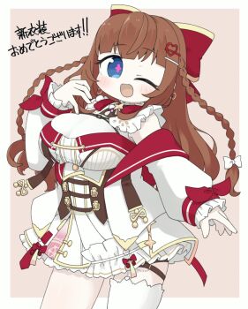 .live 1girl ;d blue_eyes blush border bow braid breasts brown_background brown_hair commentary_request dress flower-shaped_pupils hair_bow hair_ornament hairclip heart heart_hair_ornament jacket kakyouin_chieri large_breasts long_hair long_sleeves looking_at_viewer miranofuudoria off_shoulder one_eye_closed open_clothes open_jacket open_mouth partial_commentary pleated_dress puffy_long_sleeves puffy_sleeves red_bow single_thighhigh sleeves_past_wrists smile solo symbol-shaped_pupils thighhighs translation_request twin_braids very_long_hair virtual_youtuber white_border white_bow white_dress white_jacket white_thighhighs