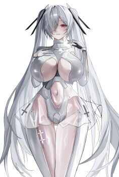 1girl absurdres bodysuit breasts cinderella_(nikke) clothing_cutout commentary dress english_commentary goddess_of_victory:_nikke grey_bodysuit grey_hair hair_over_one_eye hexane92 highres large_breasts leg_cutout long_hair looking_at_viewer navel navel_cutout one_eye_covered red_eyes see-through_bodysuit see-through_clothes see-through_dress see-through_skirt simple_background skirt smile solo stomach_cutout twintails two-sided_gloves very_long_hair white_background