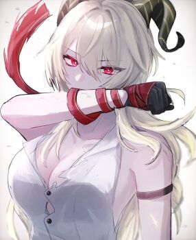 1girl arm_strap arm_up black_gloves black_horns blonde_hair breasts button_gap commentary curled_horns gloves hair_between_eyes highres horns large_breasts long_hair looking_at_viewer necktie necktie_around_wrists red_eyes red_necktie shirt sleeveless sleeveless_shirt solo soyogi_nrso white_shirt wuthering_waves zani_(wuthering_waves)