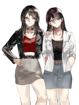 2girls animal_ears arms_behind_back bang_dream! bang_dream!_it&#039;s_mygo!!!!! belt black_belt black_choker black_hair black_shirt blue_eyes blue_skirt brown_belt choker closed_mouth earrings feiyu30903448 grey_skirt hand_on_another&#039;s_shoulder highres jewelry long_hair medium_hair mole mole_under_eye multiple_girls necklace purple_eyes red_shirt shiina_taki shirt simple_background single_earring skirt white_background yahata_umiri