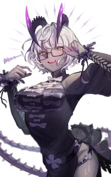 1girl absurdres baphomet_(fate) bare_shoulders belt black_dress blush bow breasts colored_skin dress fate/grand_order fate_(series) glasses grey_hair grey_skin highres horns jacques_de_molay_(celebratory_attire)_(fate) jacques_de_molay_(foreigner)_(fate) large_breasts long_sleeves looking_at_viewer miagawari011128 off_shoulder open_mouth sheep short_hair side_slit smile solo translation_request yellow_eyes