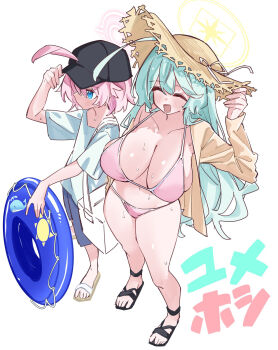 2girls :d ^_^ ahoge alternate_costume aqua_hair black_hat black_sandals blue_archive blue_eyes blue_shorts breasts brown_hat closed_eyes commentary_request halo hat highres holding holding_swim_ring hoshino_(blue_archive) innertube large_breasts long_hair multiple_girls navel open_mouth pink_hair pink_halo rinrikoko sandals short_hair shorts simple_background smile standing straw_hat sweat swim_ring toes white_background yellow_halo yume_(blue_archive)