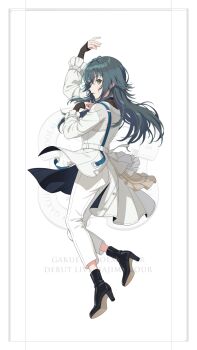 Rule 34 | 1girl, belt, boots, buttons, english text, gakuen idolmaster, game cg, green eyes, green hair, high heel boots, high heels, idol clothes, idolmaster, official art, pants, shoe soles, solo, tsukimura temari, white pants