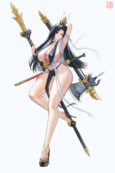 1girl absurdres armpits ass asymmetrical_dual_wielding axe bare_hips bare_legs bare_shoulders battle_axe black_eyes black_hair black_myth:_wukong breast_curtain breasts chinese_mythology cleavage dual_wielding erlang_(black_myth:_wukong) erlang_shen extra_eyes genderswap genderswap_(mtf) groin high_heels highres holding holding_axe holding_polearm holding_weapon huge_breasts jian_(weapon) journey_to_the_west lance legs loincloth long_hair mg_migan pelvic_curtain polearm presenting_armpit revealing_clothes stiletto_heels stomach thick_thighs thighs very_long_hair weapon