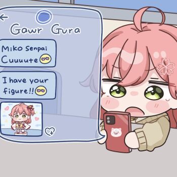 1girl :o ahoge bell blue_sky blush_stickers brown_cardigan cardigan cellphone chair chibi day english_text figure green_eyes holding holding_phone hololive indoors jingle_bell long_hair long_sleeves mochimiko neck_bell open_mouth phone puffy_long_sleeves puffy_sleeves sakura_miko sky solo table tears upper_body virtual_youtuber window