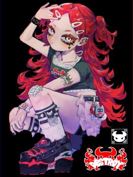 1girl 9_ron23 \n/ arm_tattoo arm_up belt belt_charm bike_shorts black_background black_belt black_nails black_shirt black_shoes bracelet charm_(object) closed_mouth collarbone colored_eyelashes commentary cropped_shirt ear_piercing earclip english_commentary english_text facial_mark full_body gauze_on_knee gem-studded_nails hair_ornament hairclip highres jewelry long_hair looking_at_viewer nail_polish original parallel_hairclips parted_bangs piercing platform_shoes print_shirt punk red_hair shirt shoes simple_background skirt socks solo spiked_legwear squatting tattoo triangle triangle_facial_mark two_side_up watch white_socks wristwatch yellow_eyes