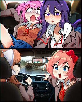 4girls absurdres anger_vein blue_eyes blue_skirt blush bow breasts brown_hair car_interior cleavage commentary doki_doki_literature_club driving english_commentary final_destination_(movie) hair_bow highres long_hair medium_breasts monika_(doki_doki_literature_club) multiple_girls natsuki_(doki_doki_literature_club) open_mouth pink_hair purple_eyes purple_hair red_bow road saliva sayori_(doki_doki_literature_club) school_uniform short_hair skirt snegovski sunglasses teeth upper_teeth_only yuri yuri_(doki_doki_literature_club)